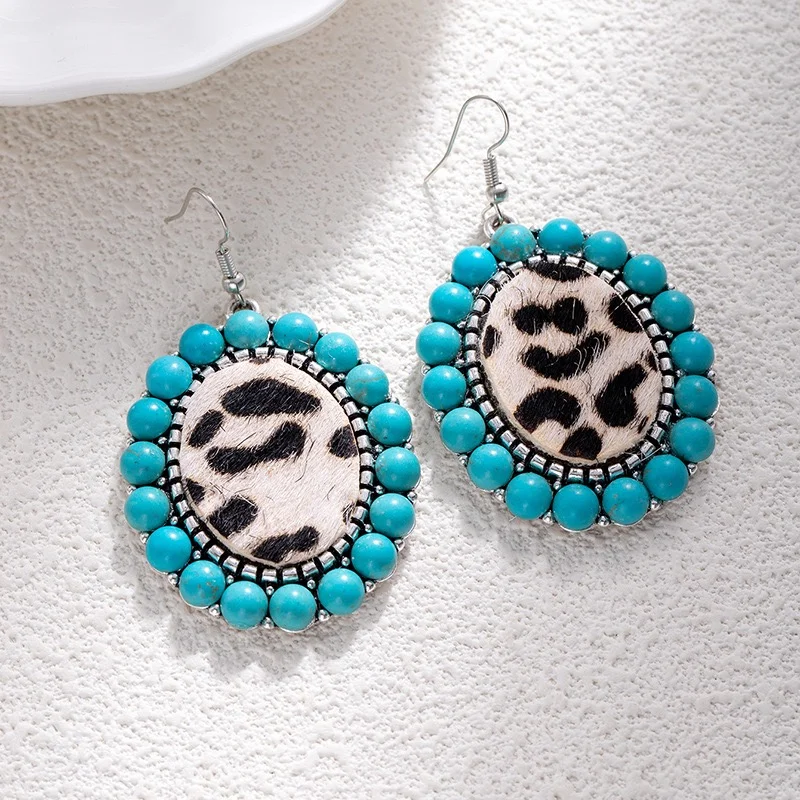 Big oval animal point dangling earrings turquoise stone