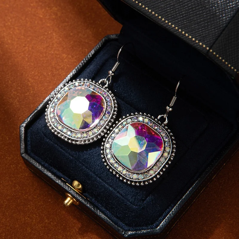 Iridescent rhinestone earrings square shape