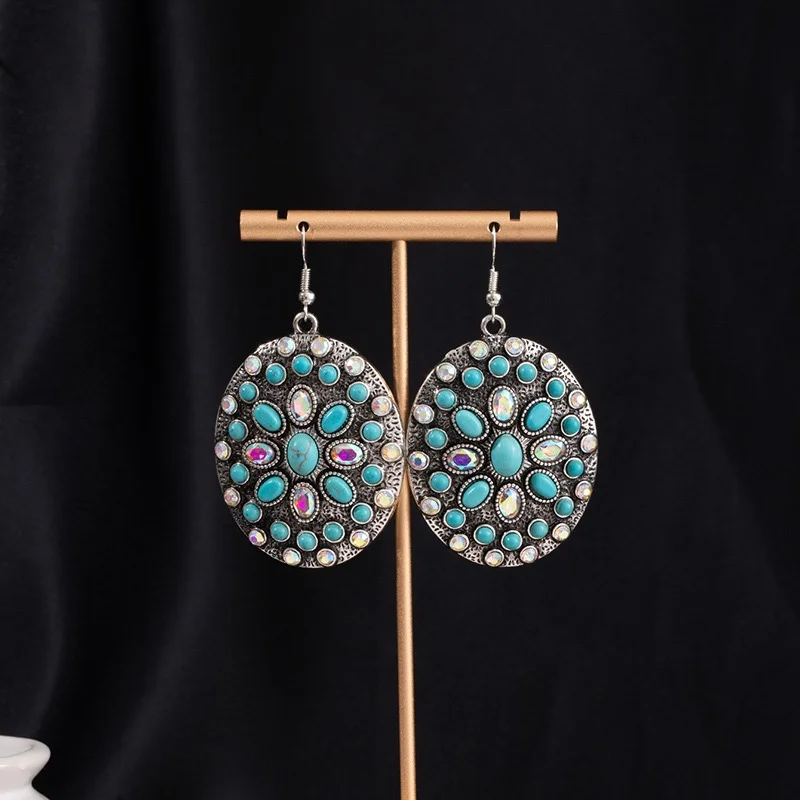 Turquoise beads big oval earrings western style earrings