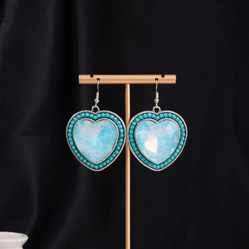 Big heart shape fishhook earrings dangling turquoise beads