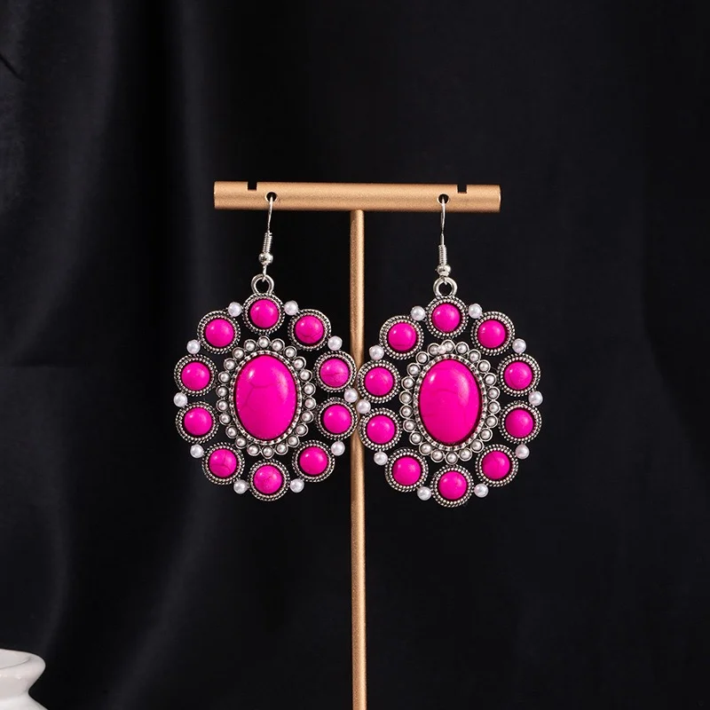 Big oval turquoise earrings with pearls dangles