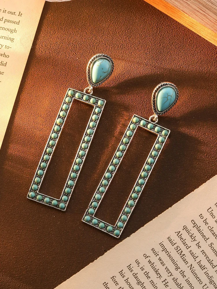 Long square turquoise beads earrings post back