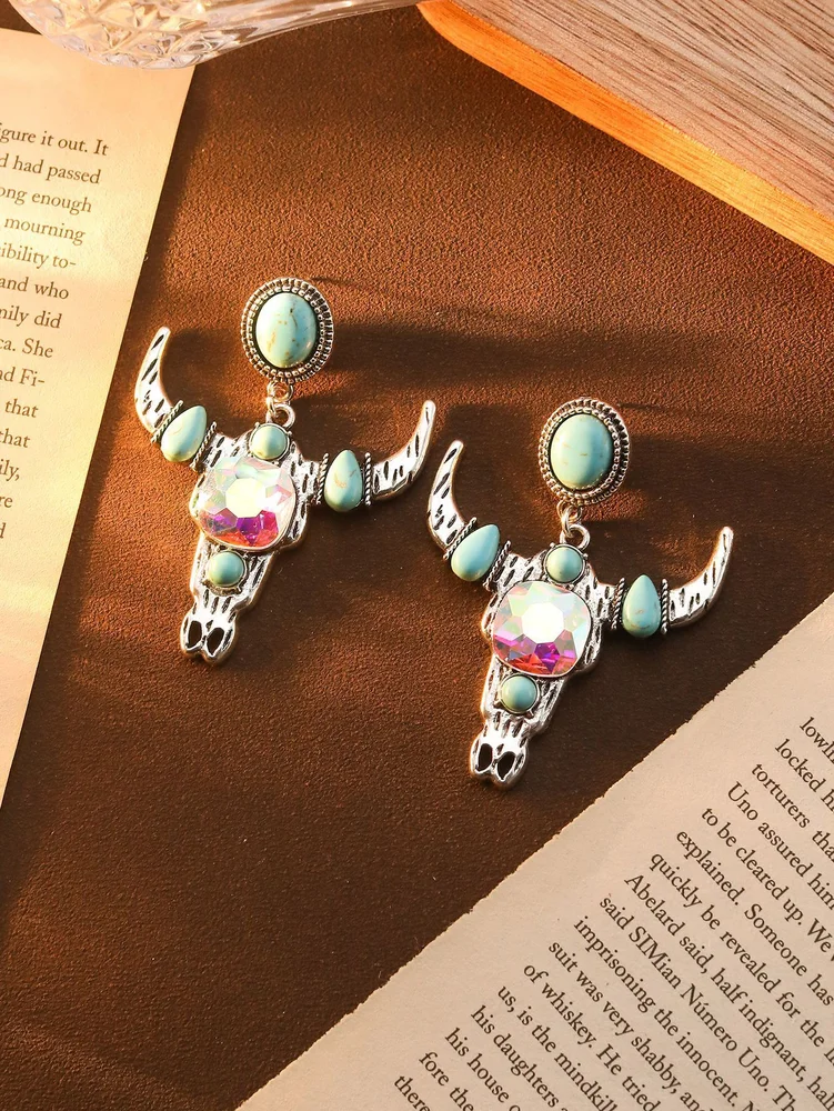 Western turquoise bull skull earrings post back style