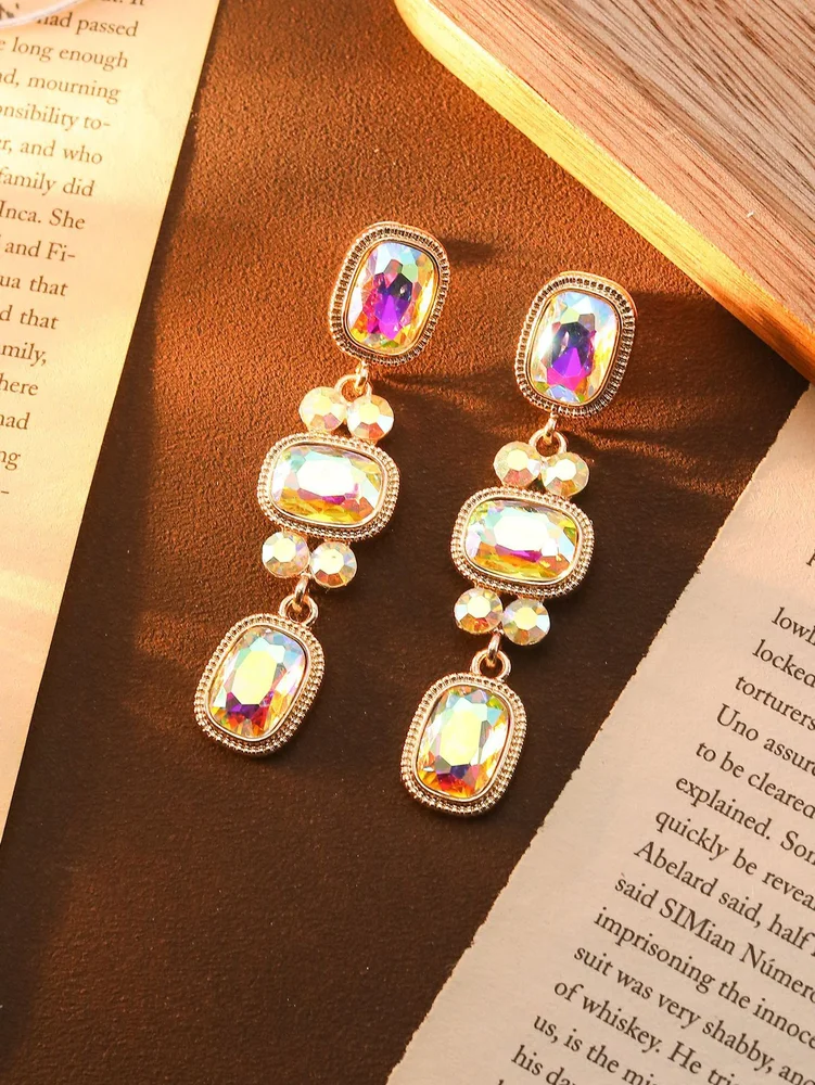 Shiny iridescent rhinestones dangle earrings gold