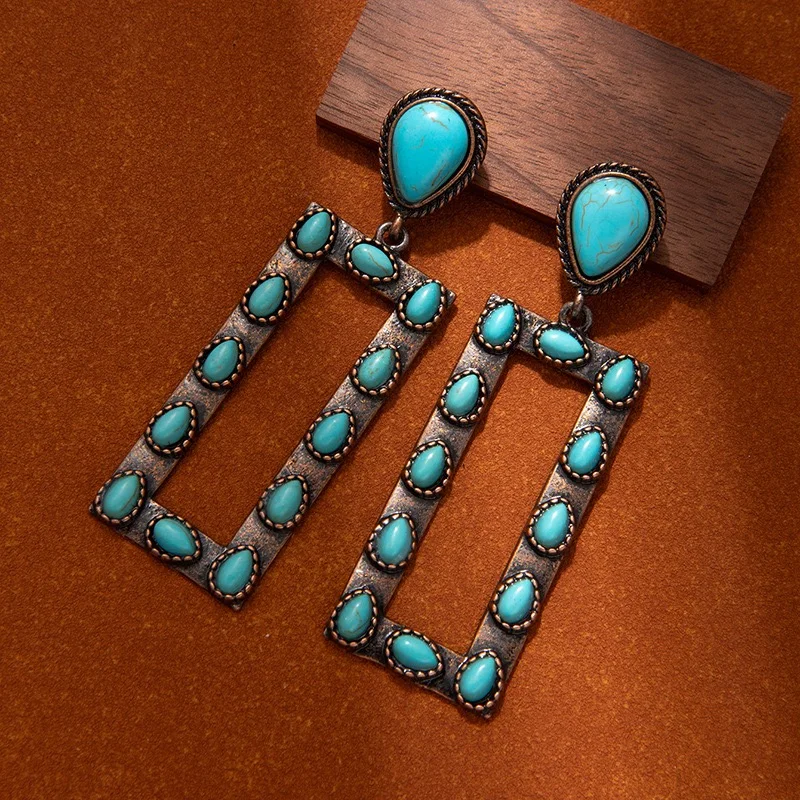 Brass square turquoise stone earrings western design