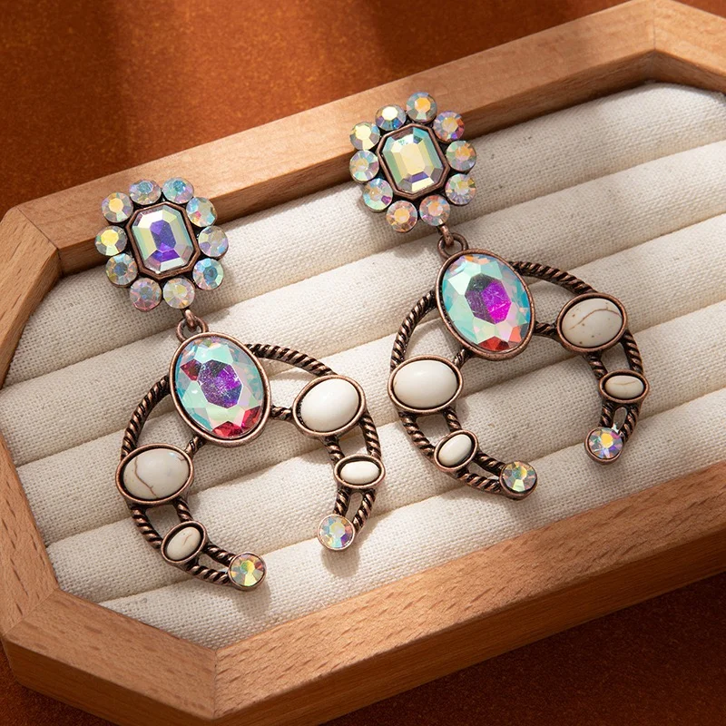 Big chunky horse feet iridescent rhinestones earrings