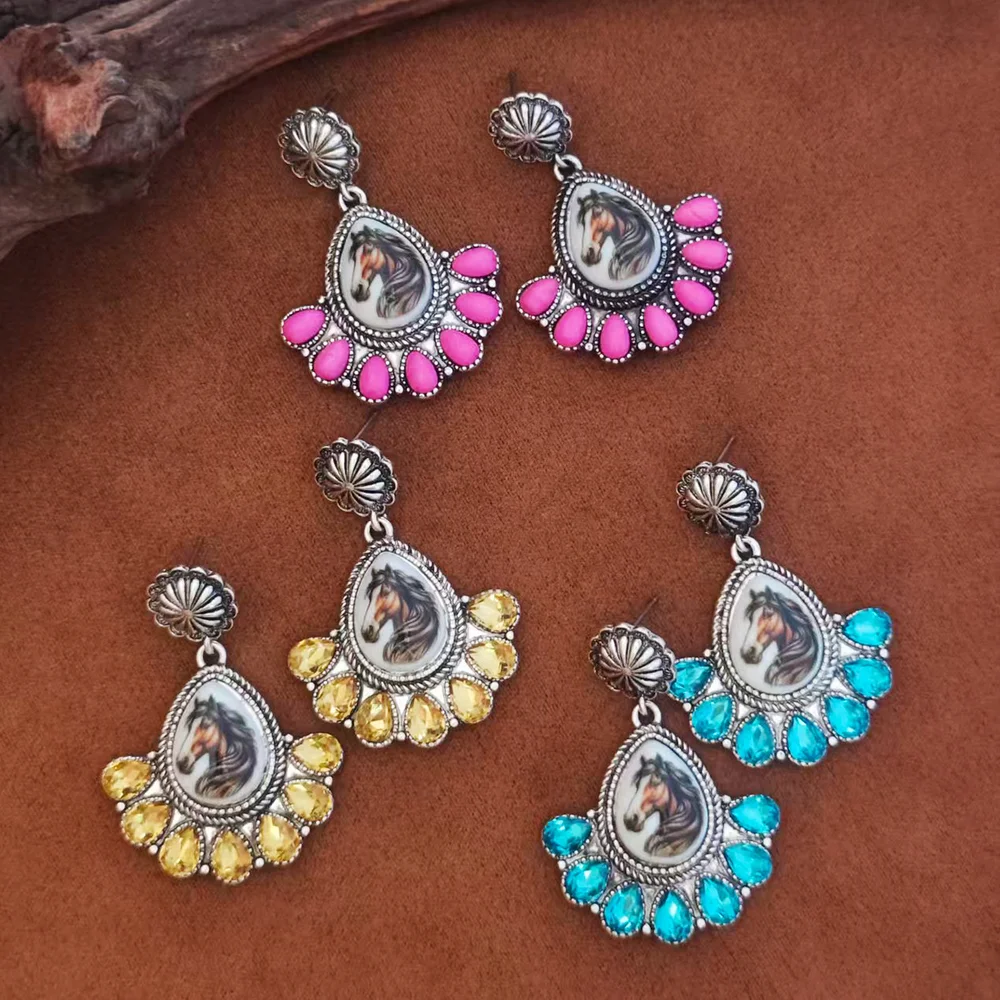 Vintage Silver Natural Stone Earrings for Women, Boho Purple Turquoise Horse Pattern Dangle Earrings, Trendy Gift Jewelry