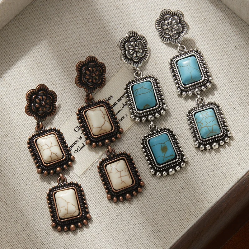 Square long dangling turquoise earrings marble design