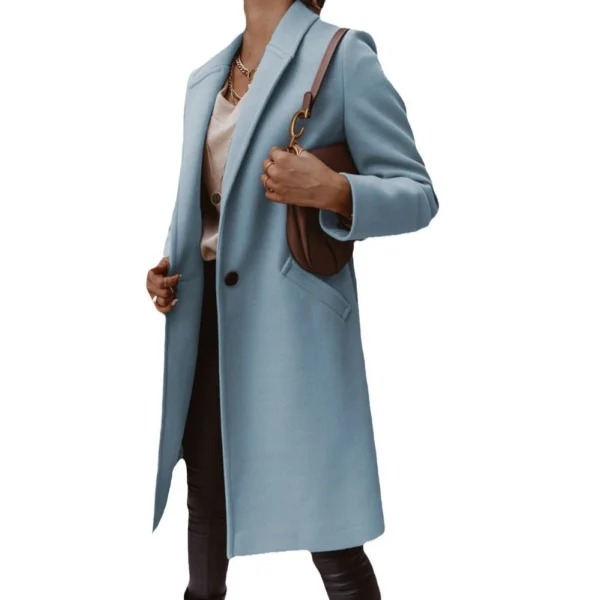 Solid color lapel long button woolen coat for women - Image 5