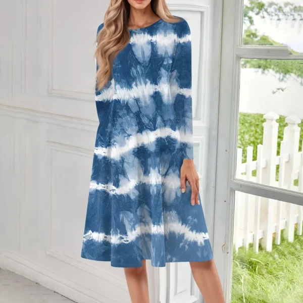 Women's Casual Fashion Round Neck Long Sleeve Print Midi Dress - Image 15