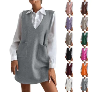 Women's Solid Color Wool Medium Length Double-sided Vest Skirt Sleeveless Dress
