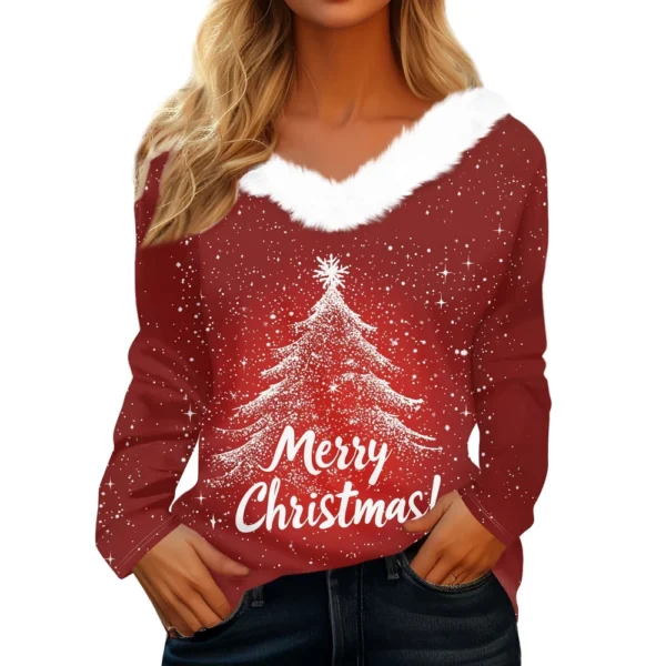 Women's Christmas Shirt Long Sleeve Top Fleece Collar Party V Neck T Shirt - Image 6