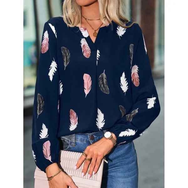V-neck printed long-sleeved loose T-shirt women's top - Image 4