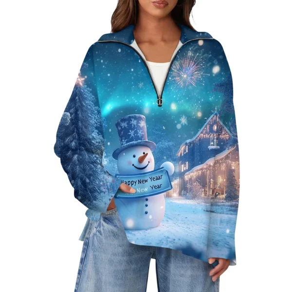 Women's Casual Half Zipper Lapel Christmas Printed Pullover Top Side Slit - Image 26
