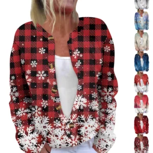 Women's Fashion Long Sleeve Christmas Snowman Snowflake Print Jacket Cardigan