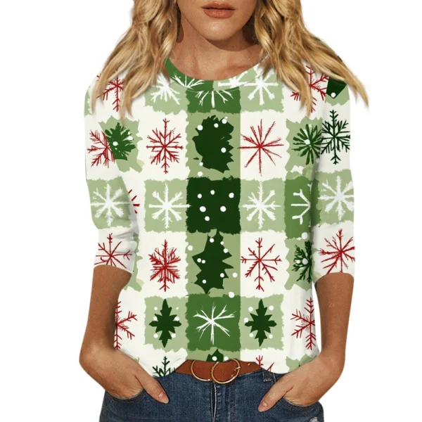 Ladies Loose Printed Casual T-Shirt Round Neck 3/4 Sleeve Christmas Women's Top - Image 29