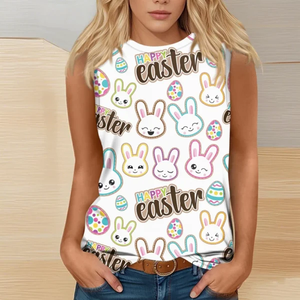 Women's Fashion Casual Easter Printed Round Neck Sleeveless T-Shirt Tops - Image 16
