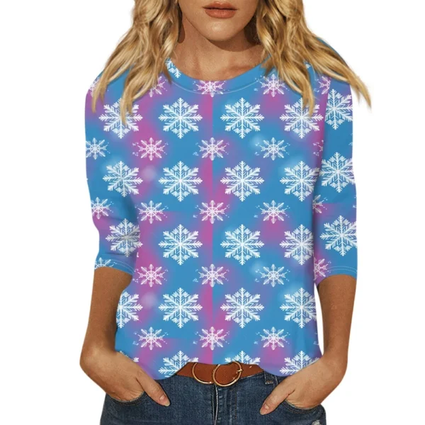 Ladies Loose Printed Casual T-Shirt Round Neck 3/4 Sleeve Christmas Women's Top - Image 5