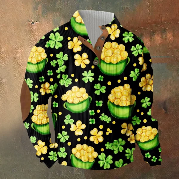 Knit Printed 3 Button - Corduroy Men's Standing Collar Pocket Sweatshirt - Image 19