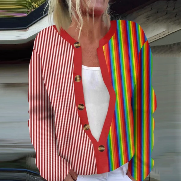 Women's Fashion Long Sleeve  Carnival Color Stripes Print Jacket Cardigan - Image 25