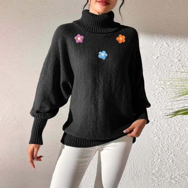 Women's  Fall And Winter Solid  Hand   Crochet Flower Splicing Turtleneck - Image 13