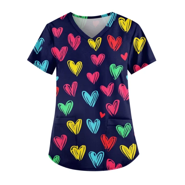 Women's Cute Printed Work Clothes V-neck Double Layer Pockets Basic Short - Image 9