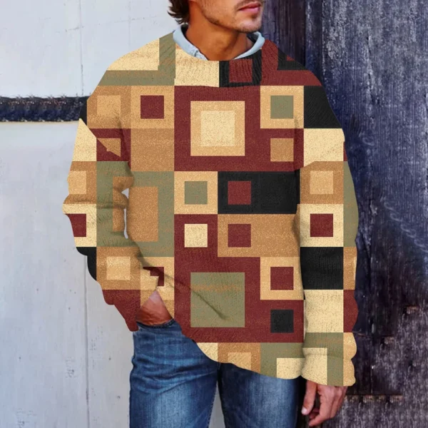 Men'S Printed Synthetic Sweater Round Neck Sportswear Loose Long Sleeved Top - Image 25