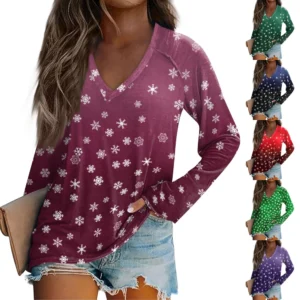 Women's Casual V-Neck Printed Long Sleeved Top Comfortable Christmas T-Shirt