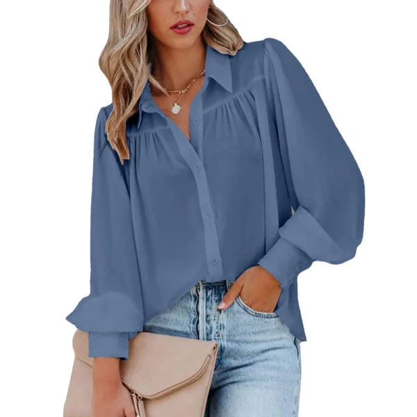 Button-down top pleated solid color stand-up collar women's clothing - Image 18