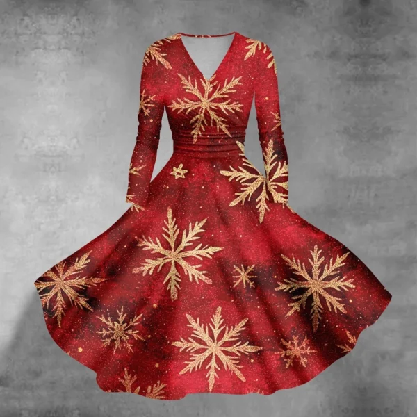 Women's Casual V-Neck Slim Fashion Christmas Long Sleeve Printed Dresses - Image 43