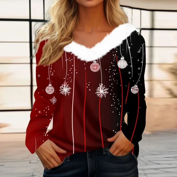 Women's Christmas Party V Neck T Shirt Fleece Collar Shirt Long Sleeve Top - Image 22