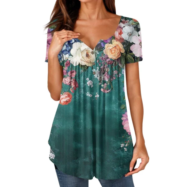 Women Tunic Tops Dressy Casual Summer Short Sleeve Shirts Loose Fit Pleated - Image 20
