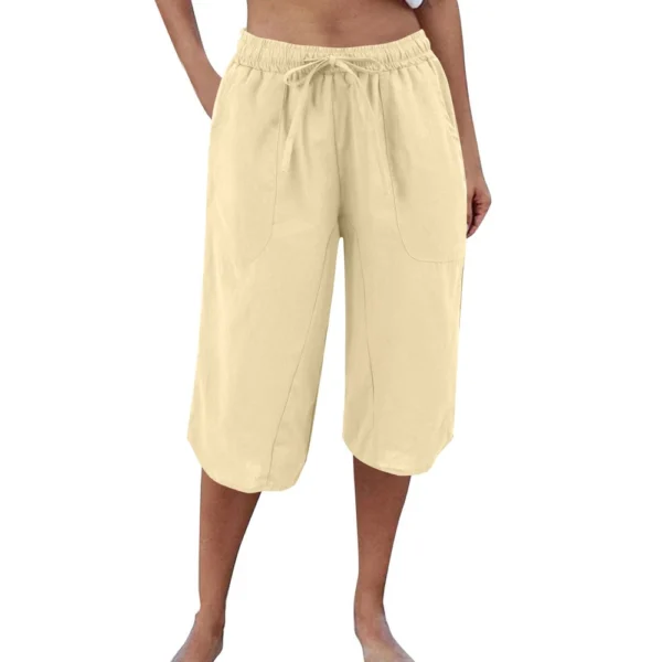 Womens Casual Cotton Hemp High Waist Drop Wide Legs With Drawstring Fifth Pants - Image 7