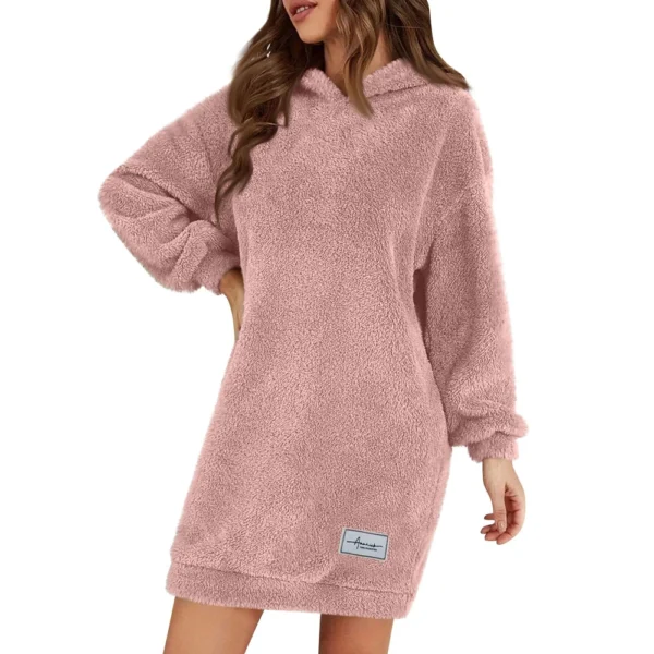 Women's Fashion Hooded Long Sleeve Plush Dress Solid Color Casual Sweatshirt - Image 2