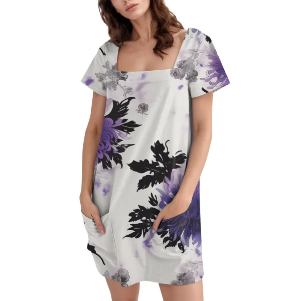 Women's Square Collar Short Sleeve Fashion Skirt Floral Print Pocket Casual - Image 5