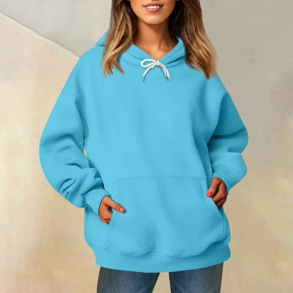 Ladies' Fashionable Casual Long Sleeved Round Neck Hooded Solid Color Hoodie - Image 55