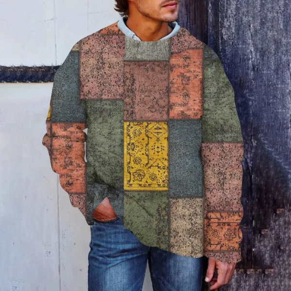 Men'S Printed Synthetic Sweater Round Neck Sportswear Loose Long Sleeved Top - Image 28