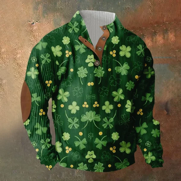 Knit Printed 3 Button - Corduroy Men's Standing Collar Pocket Sweatshirt - Image 13