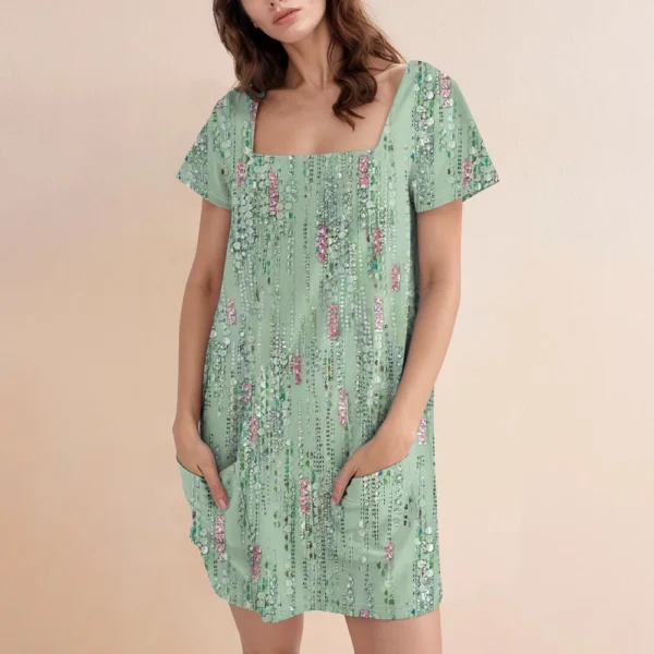 Women's Square Collar Short Sleeve Fashion Skirt Floral Print Pocket Casual - Image 13