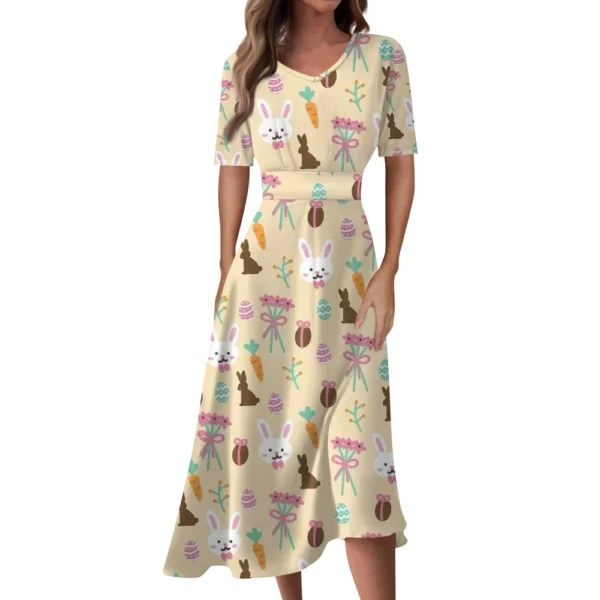 Ladies Casual Fashion Gradient Print V-Neck Short Sleeve Waist Long Swing Dress - Image 6