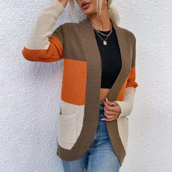Casual knitted sweater contrasting color sweater cardigan jacket women - Image 16