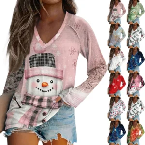 Women's Comfortable V-Neck Casual Long Sleeved Top Christmas Printed T-Shirt