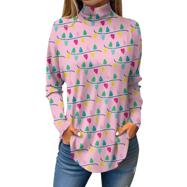 Women's Printed Pullover High Neck Fashion Long Sleeve Casual Christmas T-Shirt - Image 3