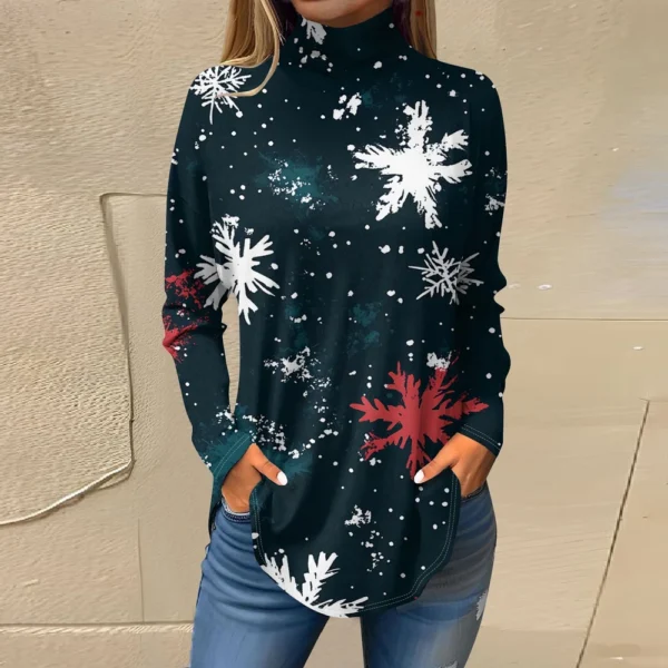 Women's Casual Pullover High Neck Christmas Long Sleeve Printed Fashion T-Shirt - Image 16