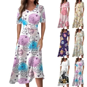 Ladies Casual Fashion Gradient Print V-Neck Short Sleeve Waist Long Swing Dress