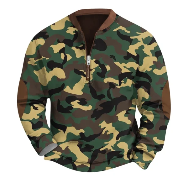 Men's Fashion Casual Half Zip Neck Loose Long Sleeve Camouflage Sweatshirt - Image 6