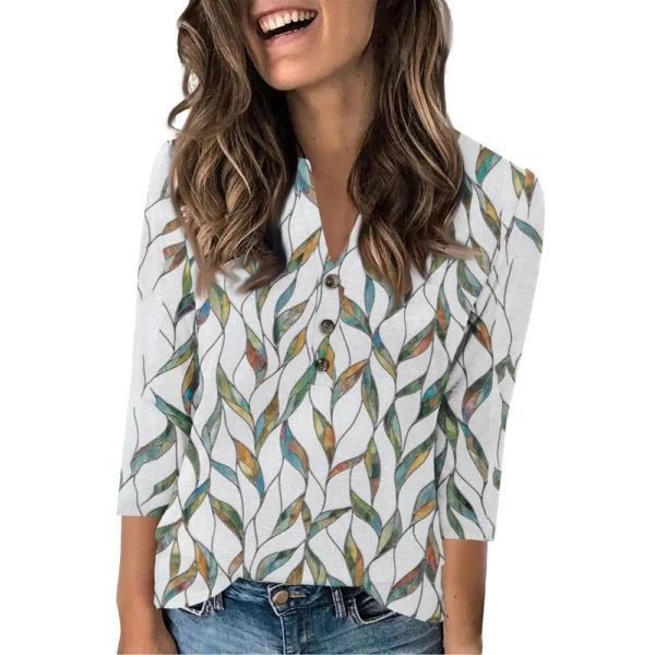 Women's Fashion Casual Loose 3/4 Sleeve Printed Round Neck Top - Image 29