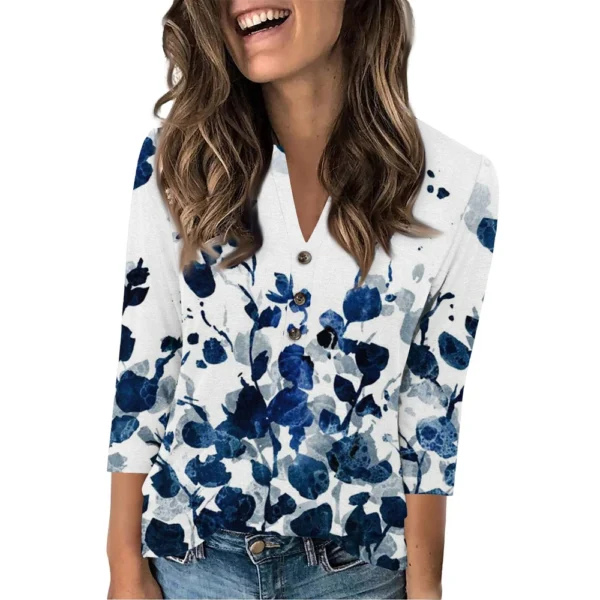 Women's Fashion Casual Loose 3/4 Sleeve Printed Round Neck Top - Image 46