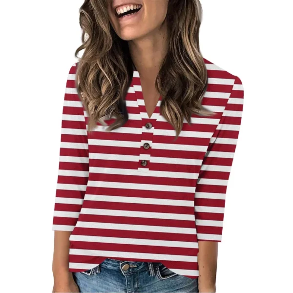 Women's Fashion Casual Loose 3/4 Sleeve Striped Printed Round Neck Top - Image 47