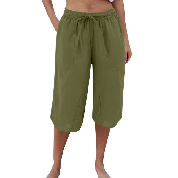 Womens Casual Cotton Hemp High Waist Drop Wide Legs With Drawstring Fifth Pants - Image 4